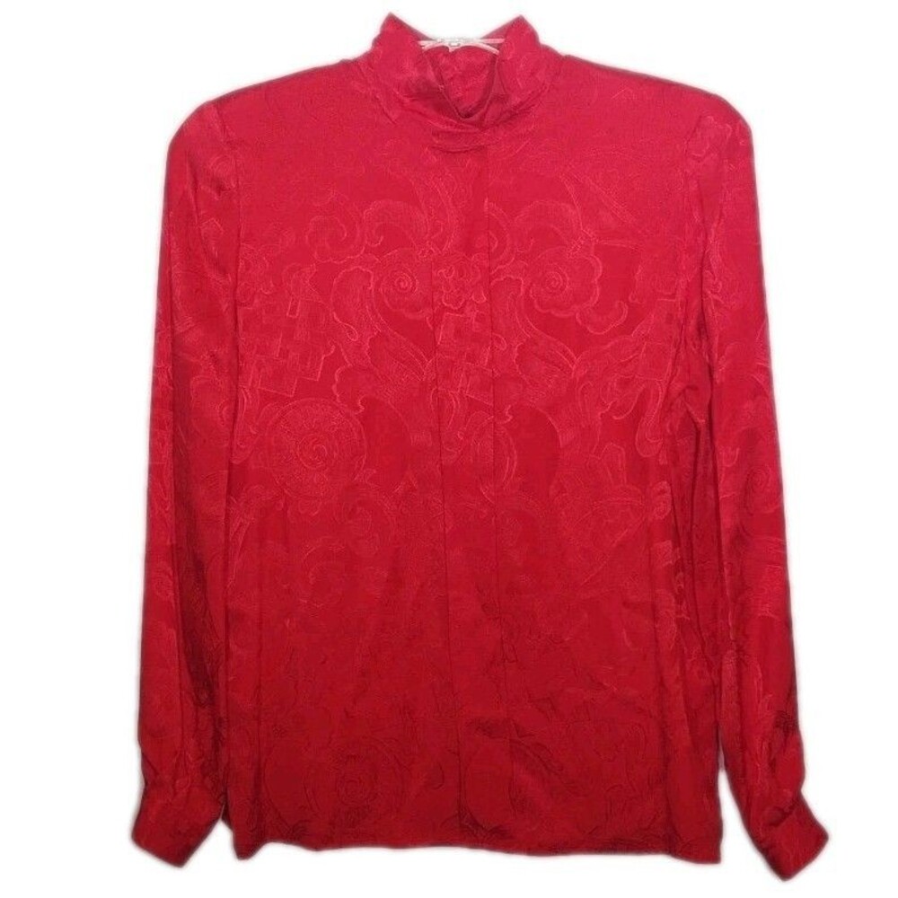Valentino Miss V Red Silk Jacquard Blouse IT 42 Mandarin Collar NWT Italy VTG